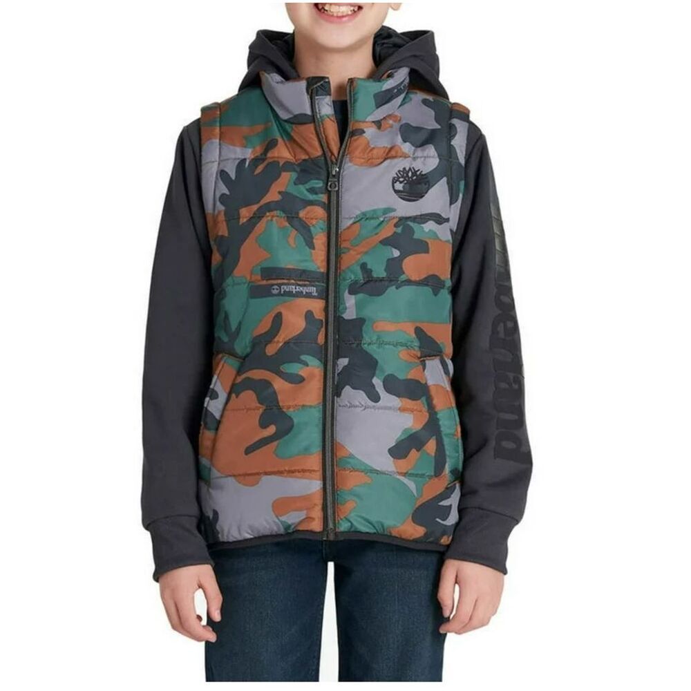 Timberland Big Boys Hybrid Camo Hooded Puffer, Medium (10/12)